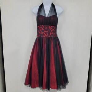Vintage Betsy & Adam Red Black Tulle Halter Whimsigoth Cocktail Dress 4 USA Y2K